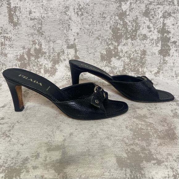 Prada Buckle Front Open Toe Leather Mules in Black - Picture 2 of 9